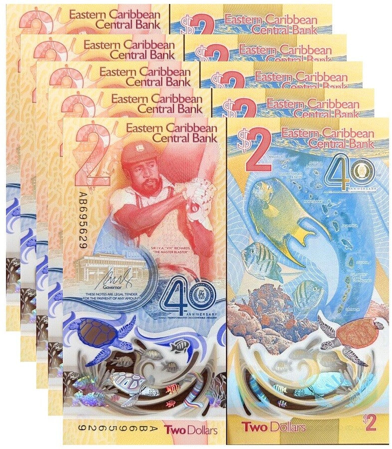 East Caribbean 2 Dollars 2023 2024 40th P 61 Polymer UNC LOT 5 Pcs
