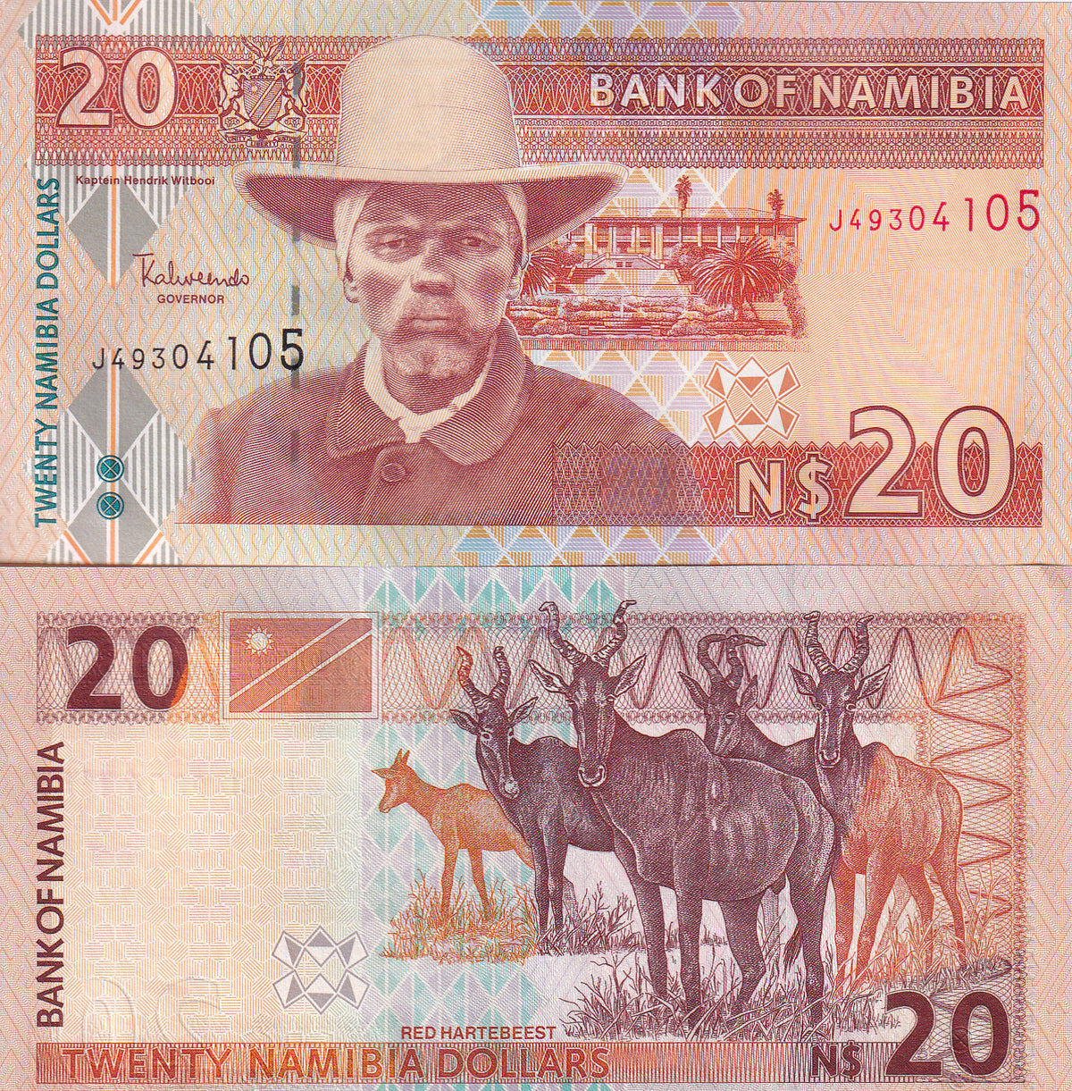 Namibia 20 Dollars ND 2002 P 6 b UNC ,Windhoek, Red Hartebeest