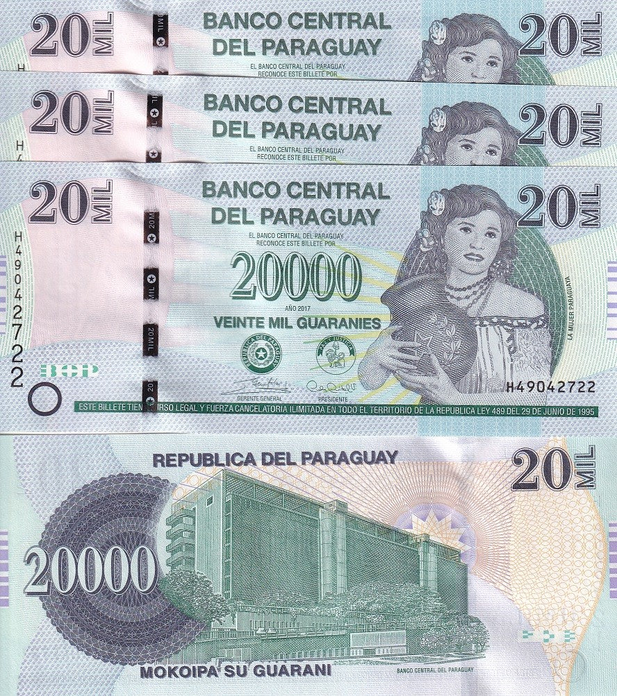 Paraguay 20000 Guaranies 2017 P 238 c UNC LOT 3 PCS, Banco Central building