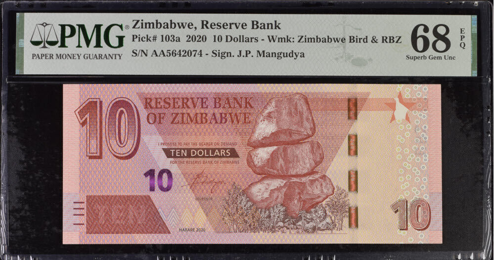 Zimbabwe 10 Dollars 2020 P 103 a AA Prefix Superb Gem PMG 68 EPQ