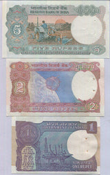 India Set 3 Pcs 1 2 5 Rupees P 78 79 80 Random Sign UNC W/H