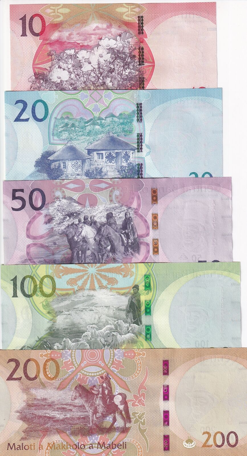 Lesotho Set 5 UNC 10 20 50 100 200 Maloti 2021 P 26 27 28 29 30