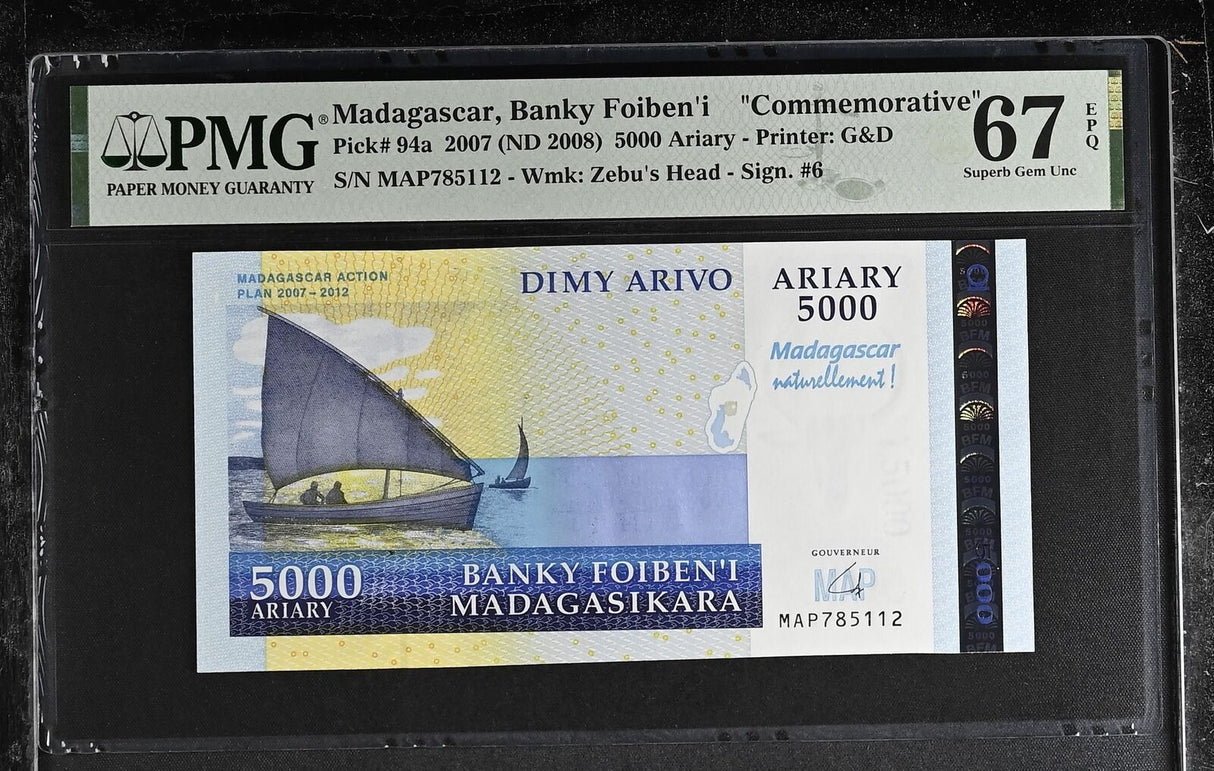 Madagascar 5000 Ariary 2007 ND 2008 P 94 Comm. Superb Gem UNC PMG 67 EPQ