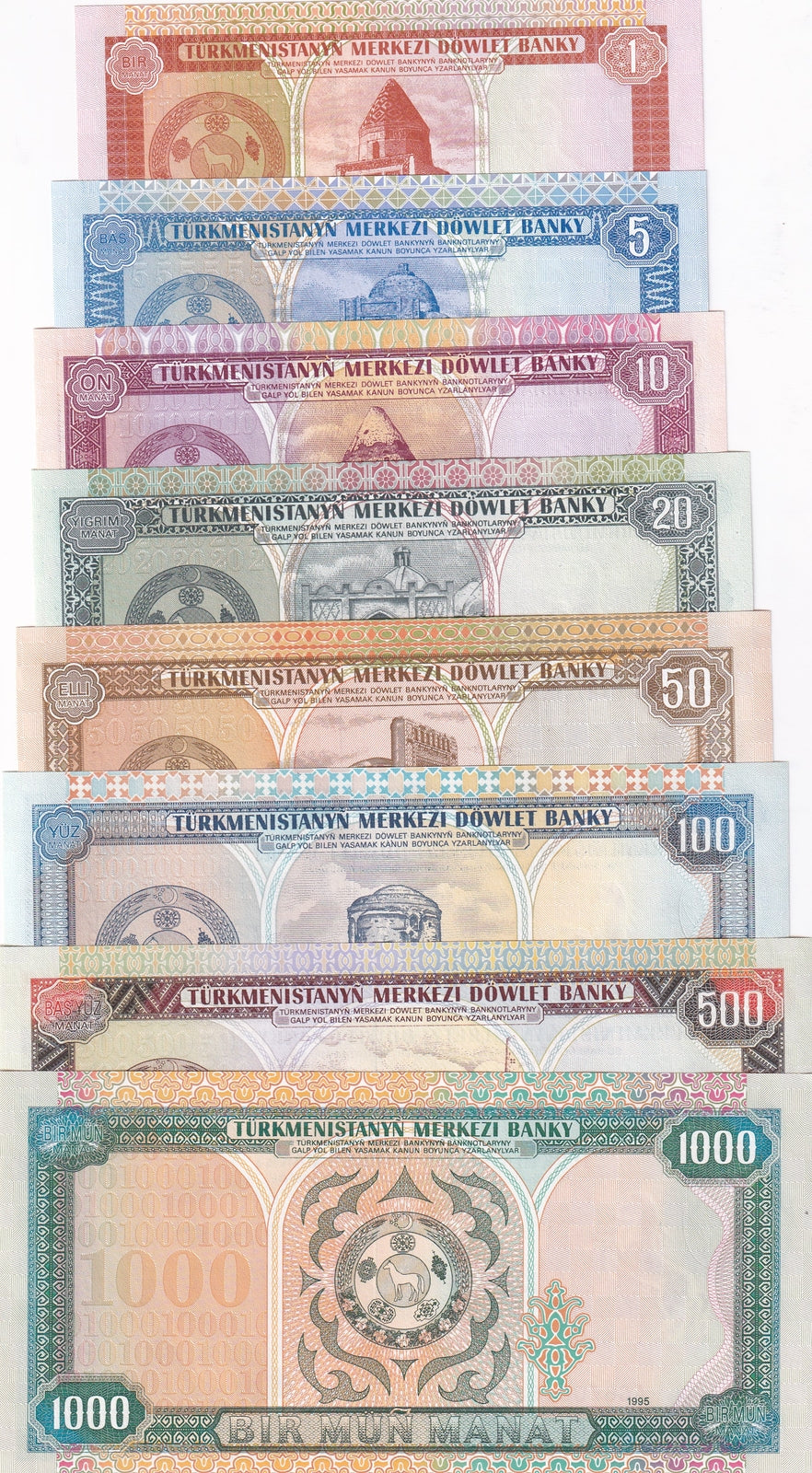 Turkmenistan Set 8 UNC 1 5 10 20 50 - 1000 Manat Random Year P 1 2 3 4 5 6 7 8