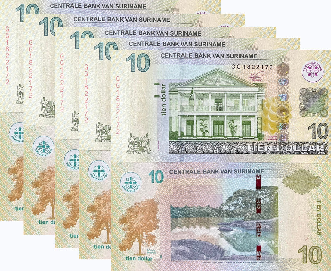 Suriname 10 Dollars 2020 P 163 New Sign UNC LOT 5 PCS