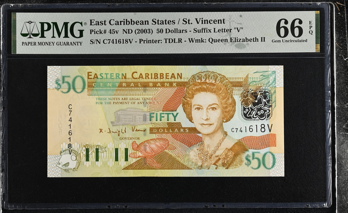 East Caribbean 50 Dollars ND 2003 P 45 v QE II Gem UNC PMG 66 EPQ