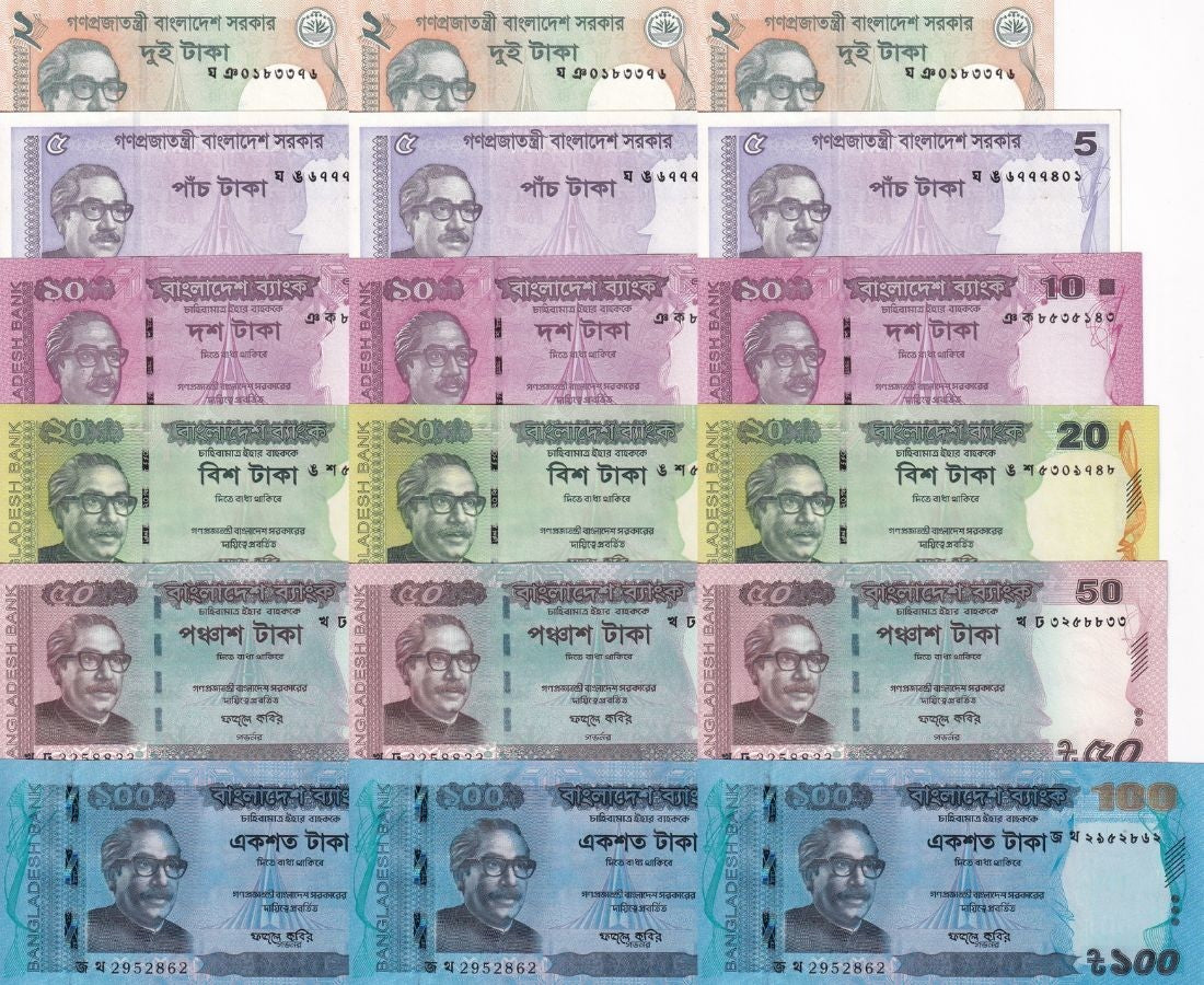 Bangladesh set 6 X LOT 3= 18 UNC  2 5 10 20 50 100 Taka 2021-2024 P 52 54-P 64A