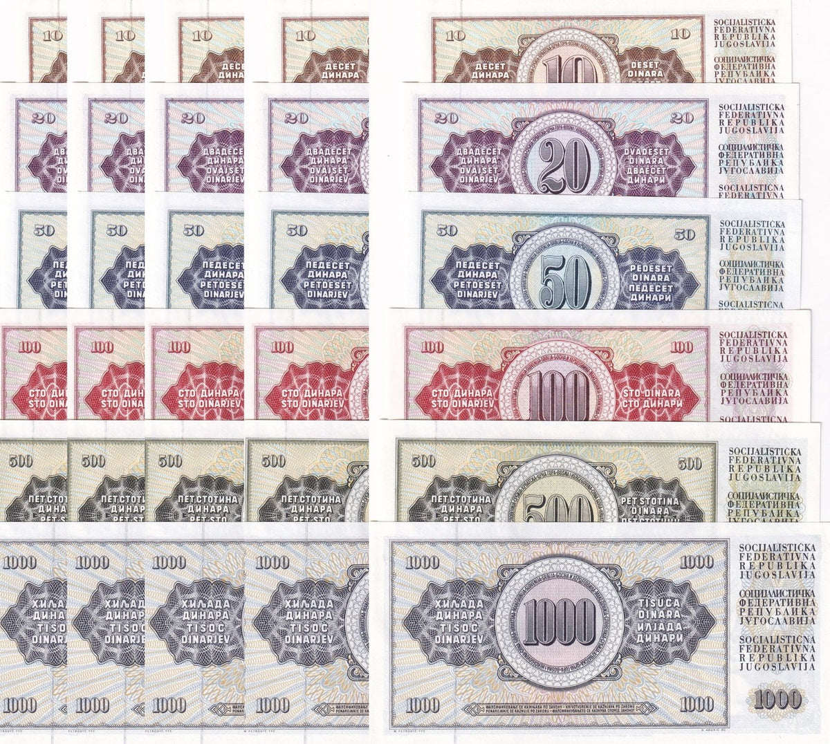 Yugoslavia Set 6 X LOT 5 = 30 UNC 10 20 50 100 500 1000 DINARA Random Dates