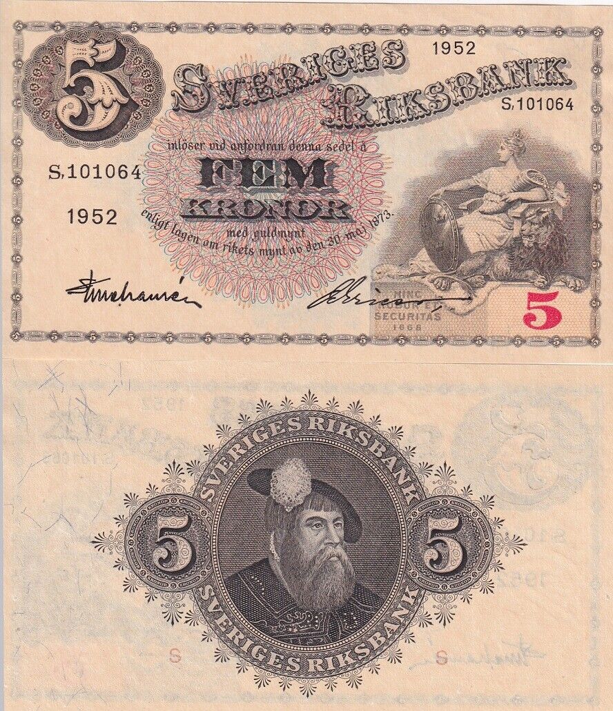 Sweden 5 Kronor 1952 P 33ai Sign 7 AUnc