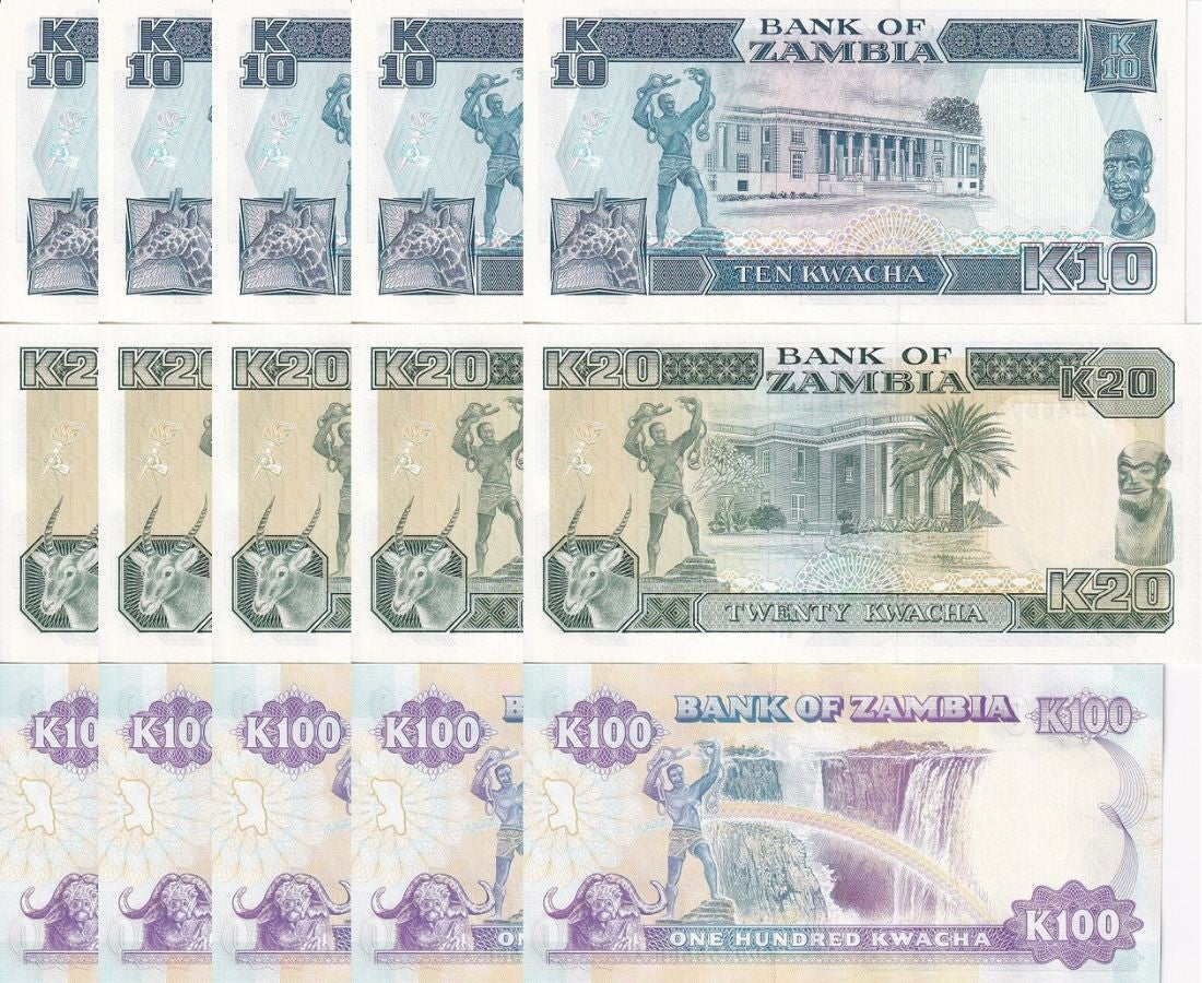 Zambia Set 3 X Lot 5 = 15 UNC 20 50 100 Kwacha 1992 - 2009 P 36 37 38 Lusaka