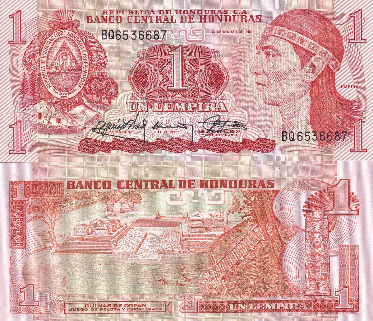 Honduras 1 Lempira 1989 P 68 c UNC , Thomas de la Rue, London