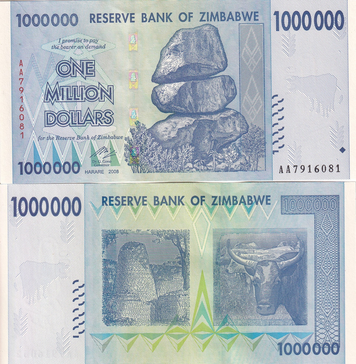 Zimbabwe 1 Million Dollars 2008 P 77 UNC , Great Zimbabwe ruins, cattle
