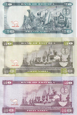 Eritrea Set 3 UNC 20 50 50 Nakfa 2004 2011 2012 P 7 9 12 Fieldwork Cargo ships