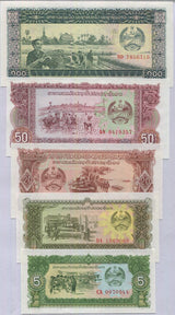 Laos Set 5 Pcs 5 10 20 50 100 KIP Random Date P 26 27 28 29 30 UNC