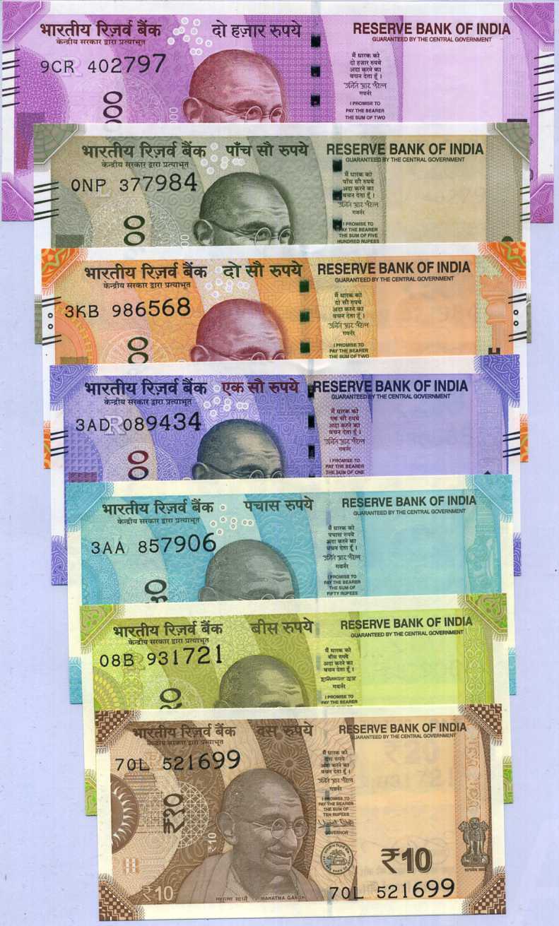 India Set 7 UNC 10 20 50 100 200 500 2000 Rupees Random Year P 109 - P 116