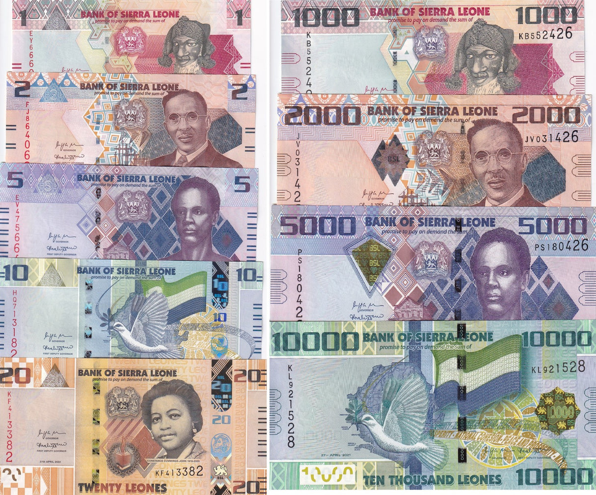Sierra Leone Set 9 UNC 1 2 5 10 20 1000 2000 5000 10000 Leones 2020-2022 P 30-38