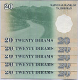 Tajikistan 20 Diram 1999 P 12 UNC LOT 5 PCS
