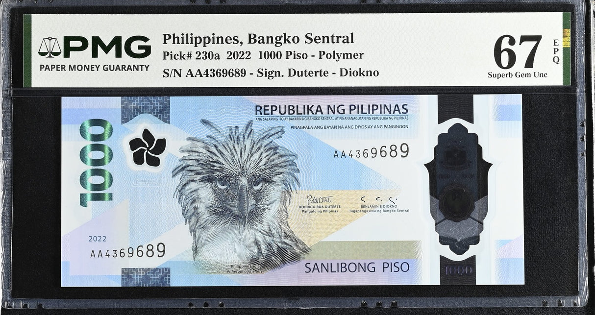 Philippines 1000 Piso 2022 P 230 a AA Prefix Superb Gem UNC PMG 67 EPQ