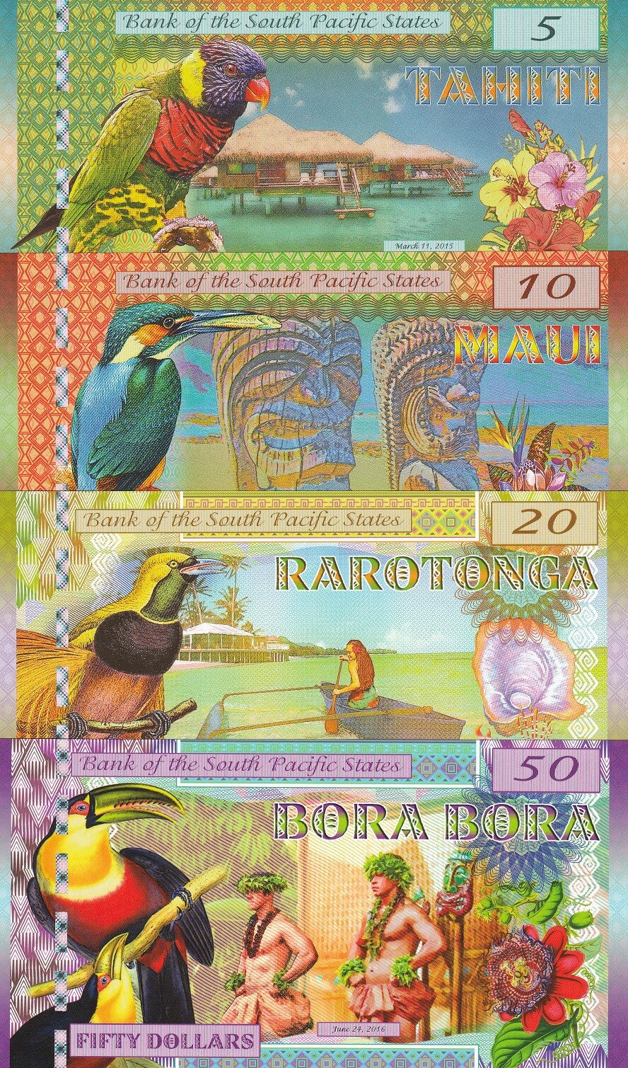 South Pacific States Set 4 ,5 10 20 50 Rarotonga 2015 - 2016 Fantasy Tahiti Maui