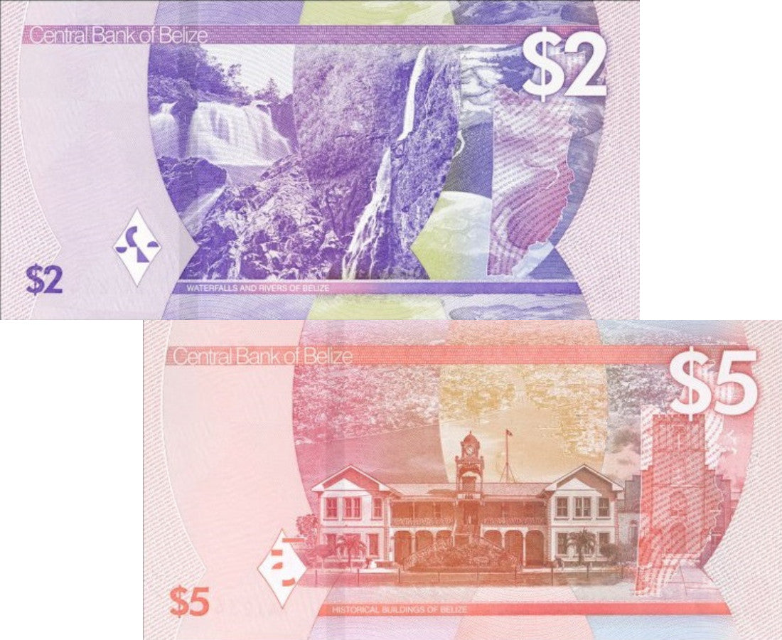 Belize set 2 UNC 2 5 Dollars 2025 P 73 74 NEW Design