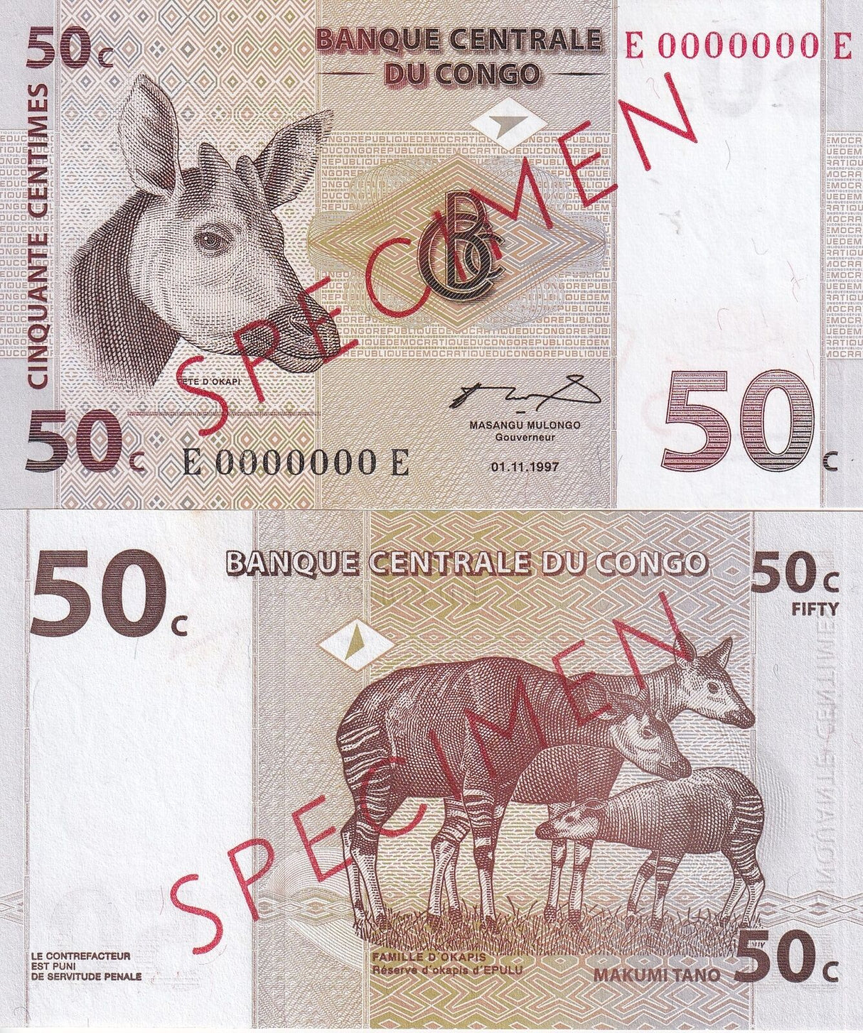 Congo 50 Francs 1997 P 84 Specimen UNC