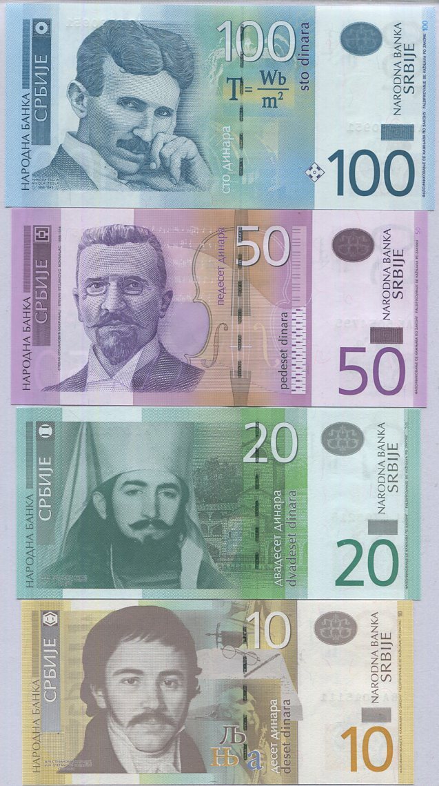 Serbia Set 4 Pcs 10 20 50 100 Dinara RANDOM DATE P 54 55 56 57 AU-UNC