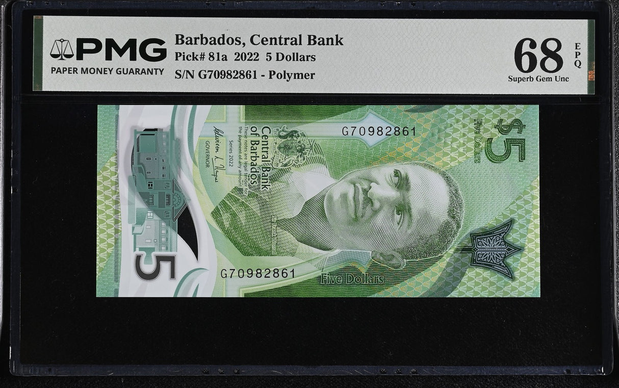 Barbados 5 Dollars 2022 POLYMER P 81 a Superb Gem UNC PMG 68 EPQ