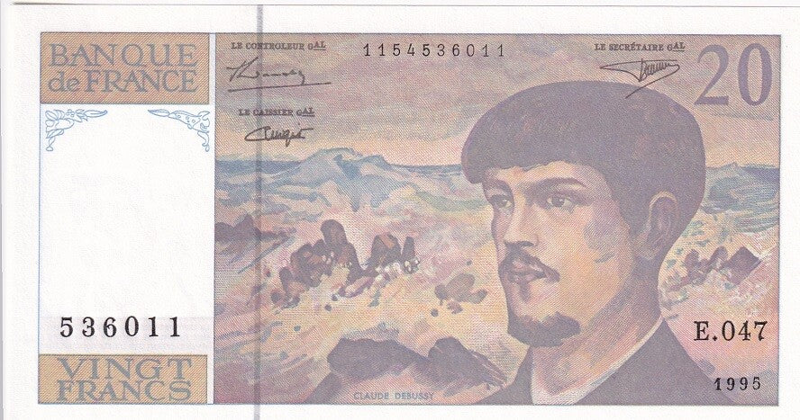 France 20 Francs 1995 P 151 h UNC Claude Debussy, lake scene, La Mer