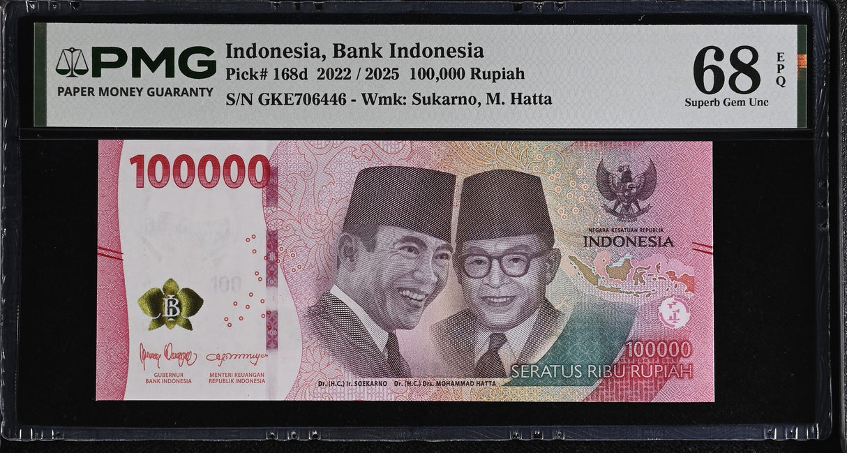Indonesia 100000 Rupiah 2022 / 2025 P 168 d Superb Gem UNC PMG 68 EPQ TOP POP