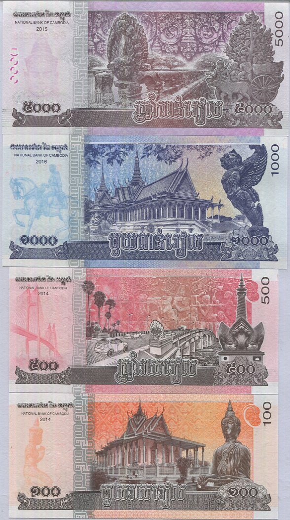 Cambodia Set 4 Pcs 100 500 1000 5000 Riels 2014-2016 P 65 66 67 68 UNC