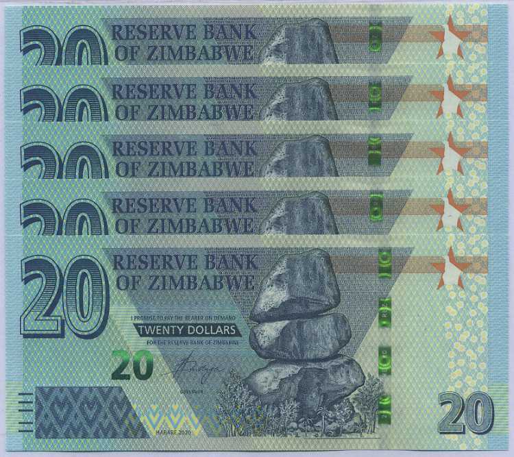 Zimbabwe 20 Dollars 2020 P 104 UNC LOT 5 PCS