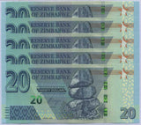 Zimbabwe 20 Dollars 2020 P 104 UNC LOT 5 PCS