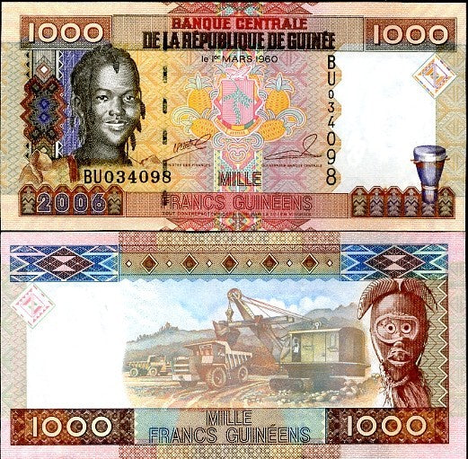 Guinea 1000 Francs 2006 P 40 UNC, Woman, Open pit bauxite mining
