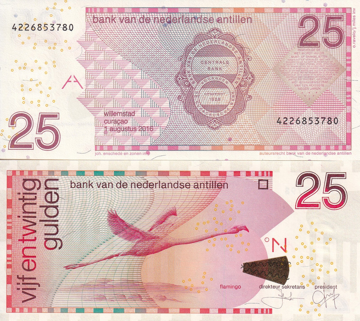 Netherlands Antilles 25 Gulden 2016 P 29 i UNC, Flamingo , Printer JEZ