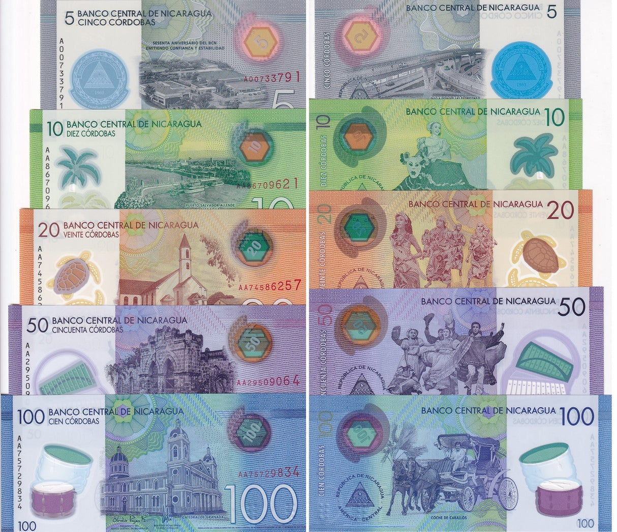 Nicaragua Set 5 UNC 5 10 20 50 100 Cordobas 2019- 2022 Polymer P 209 210 - 219