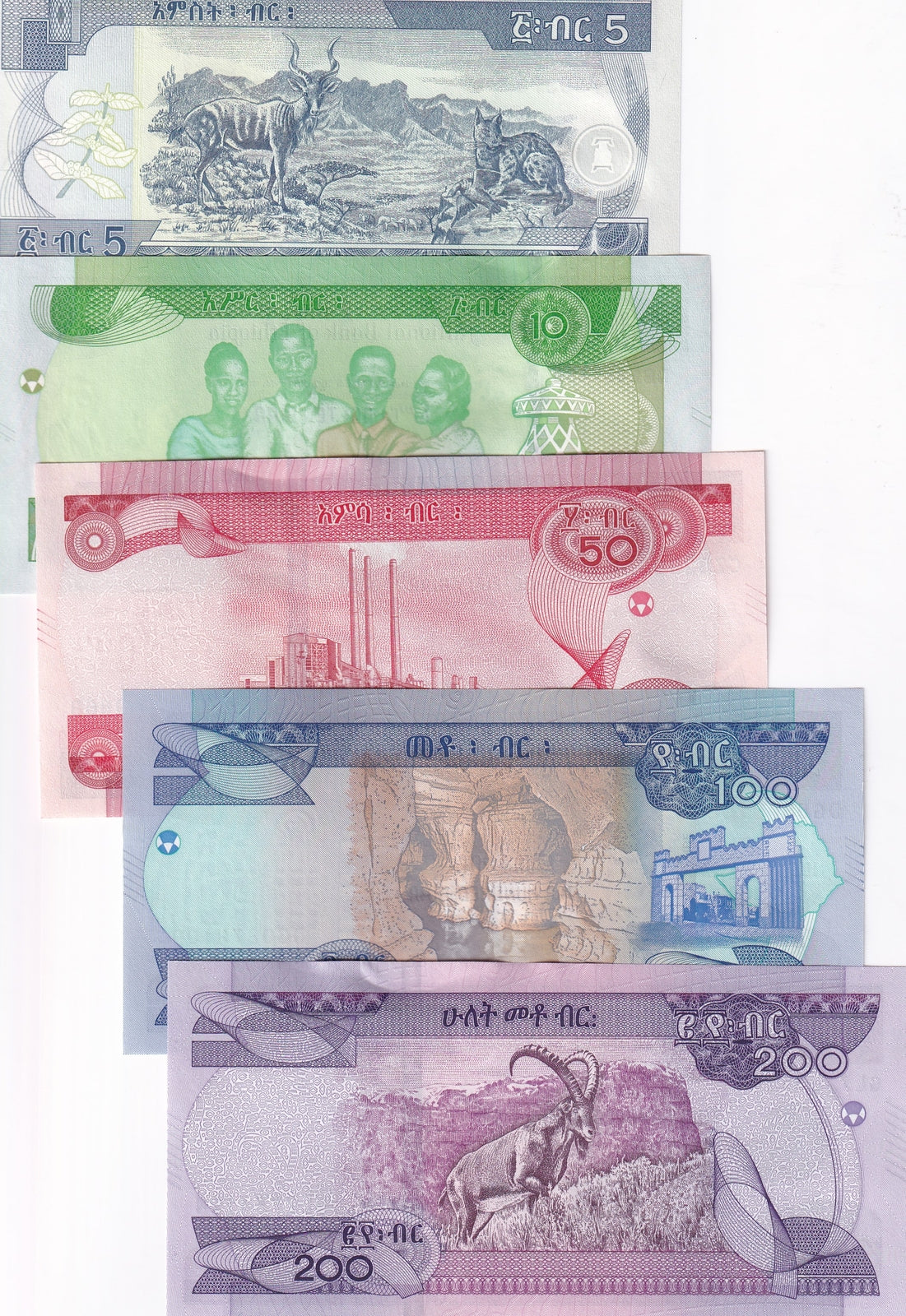 Ethiopia Set 5 Pcs 5 10 50 100 200 Birr 2012-2023 P 47 53 54 55 56 UNC
