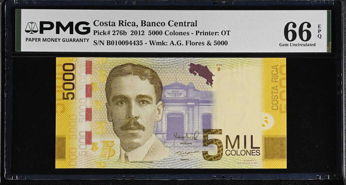 Costa Rica 5000 Colones 2012 P 276 b Gem UNC PMG 66 EPQ , PRINTER OT