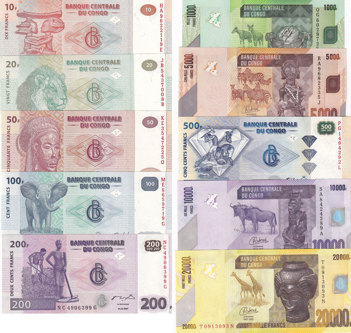 Congo Set 10 Unc 10 20 50 100 200 - 10000 20000 FRANCS Random Year P 93 - 104d