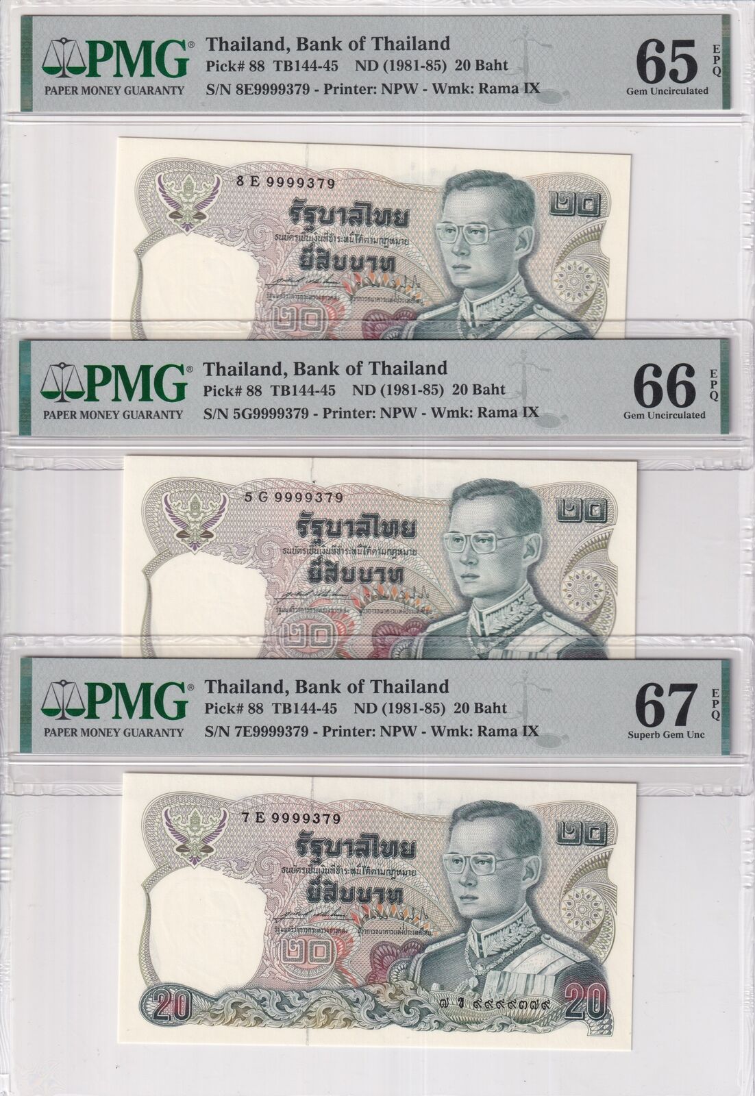 Thailand SET 3 MATCHING 20 Baht 1981-1985 P 88 #9999379 Gem UNC PMG 65 66 67 EPQ