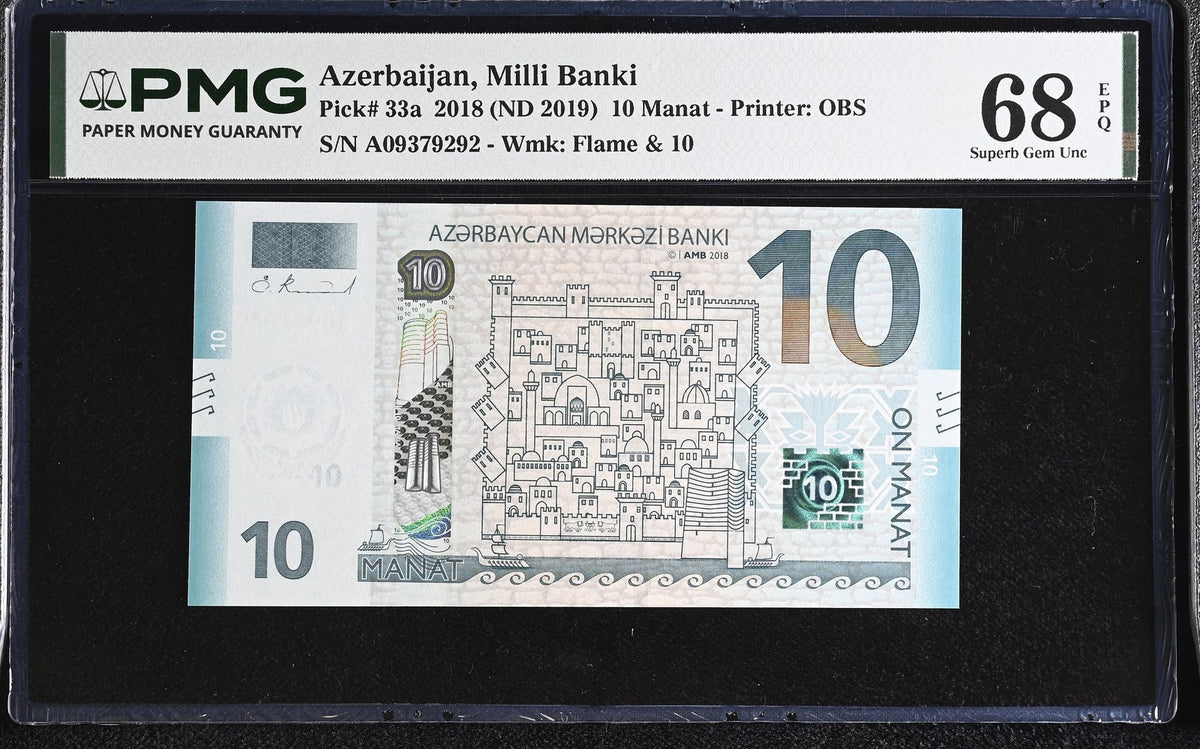 Azerbaijan 10 Manat 2018 ND 2019 P 33 a Superb Gem UNC PMG 68 EPQ