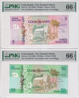 Cook Islands Set 2; 3 10 Dollars 1992 P 7 a P 8 a Gem UNC PMG 66 EPQ