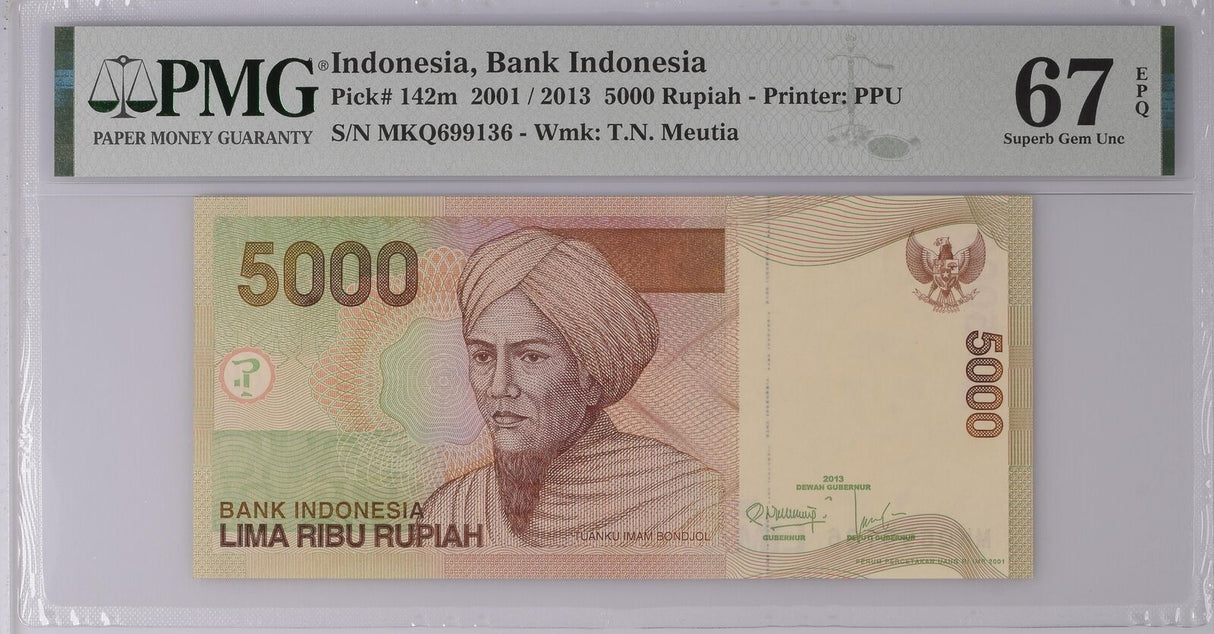 Indonesia 5000 Rupiah 2001/2013 P 142 m Superb Gem UNC PMG 67 EPQ