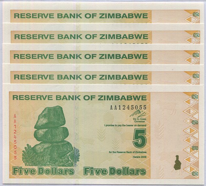 Zimbabwe 5 Dollars 2009 P 93 UNC LOT 5 PCS