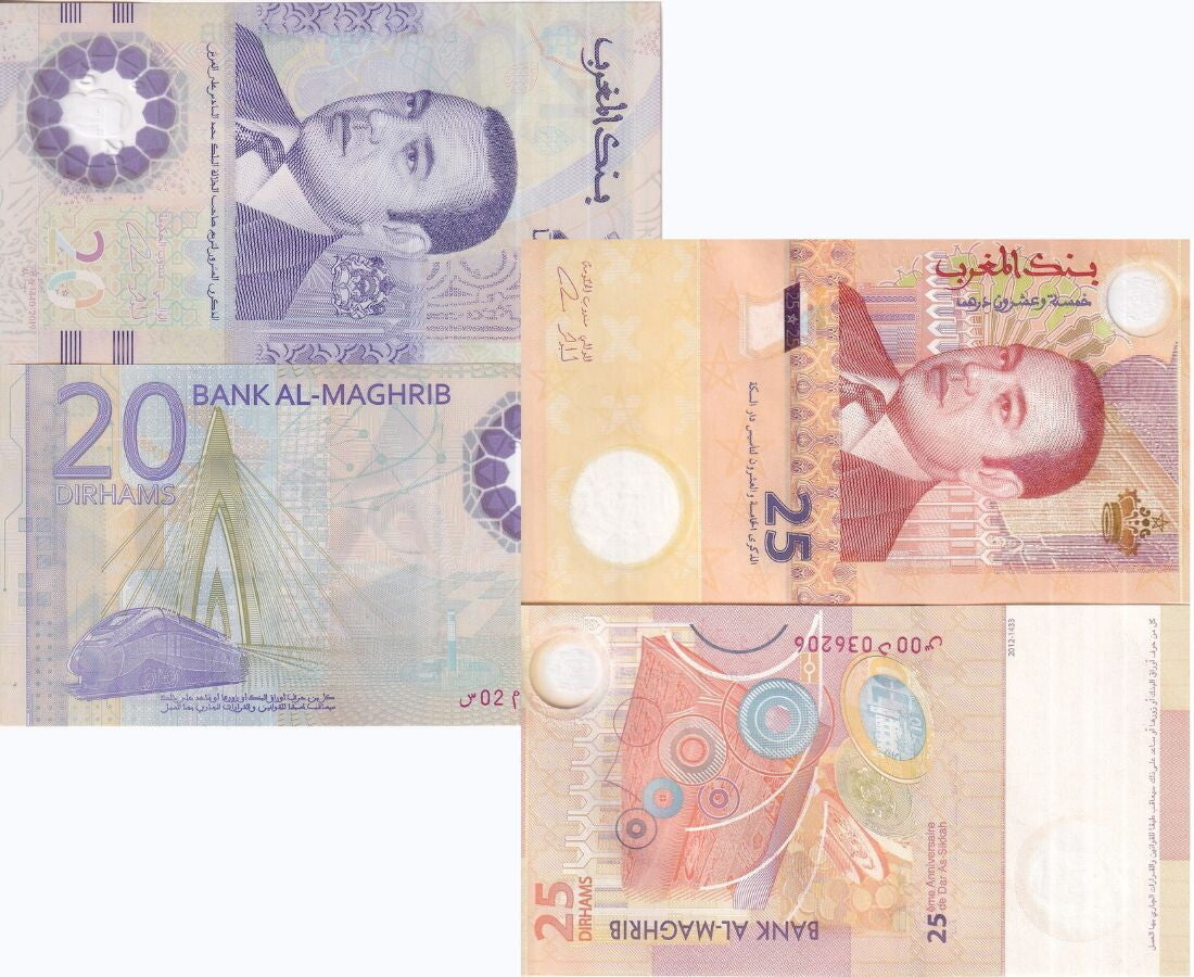 Morocco Set 2 UNC 20 25 Dirhams 2012 2019 HYBRID Commemorative P 73 78 Polymer
