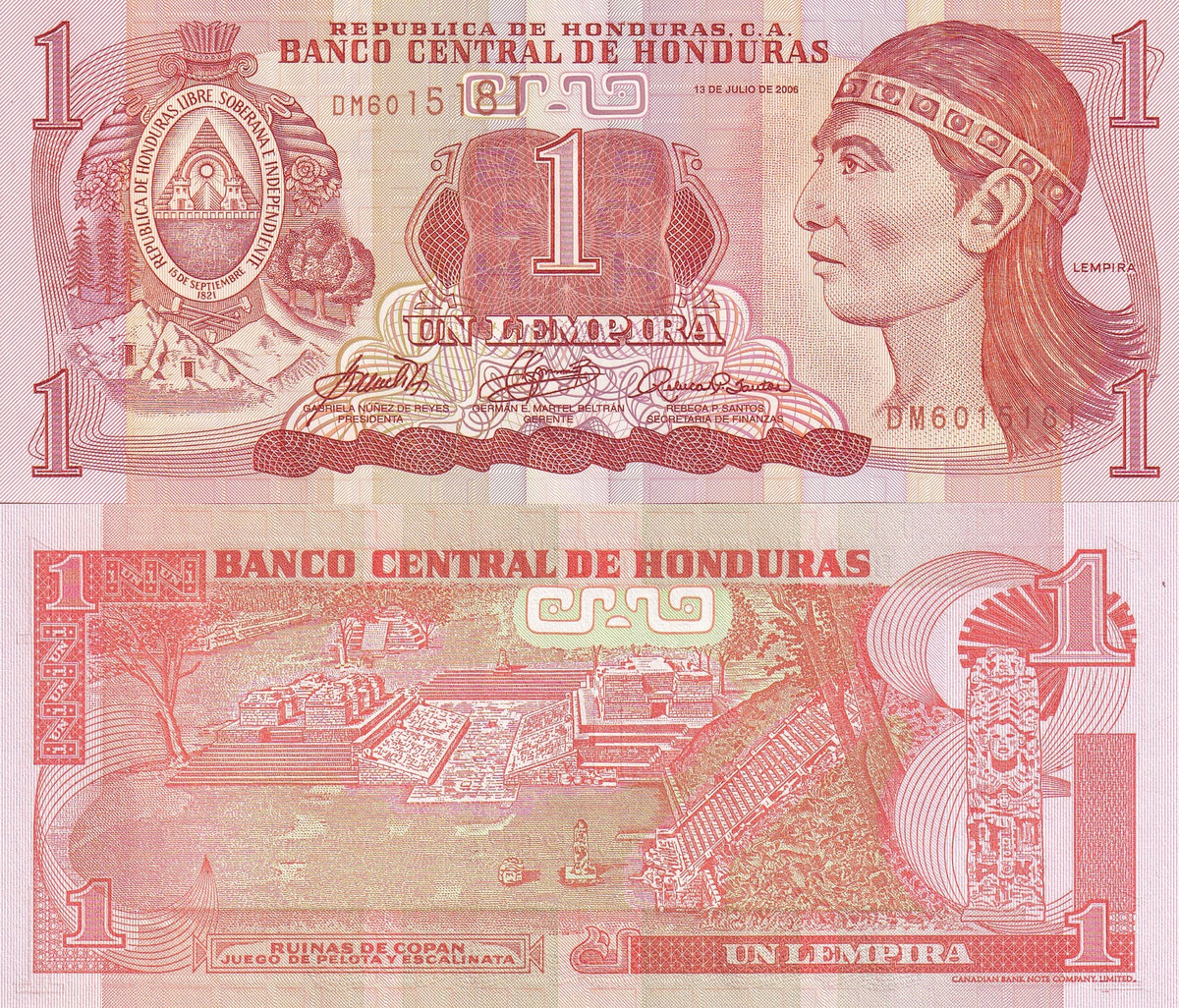 Honduras 1 Lempira 2006 P 84 e UNC Arms, Oberthur Technologies