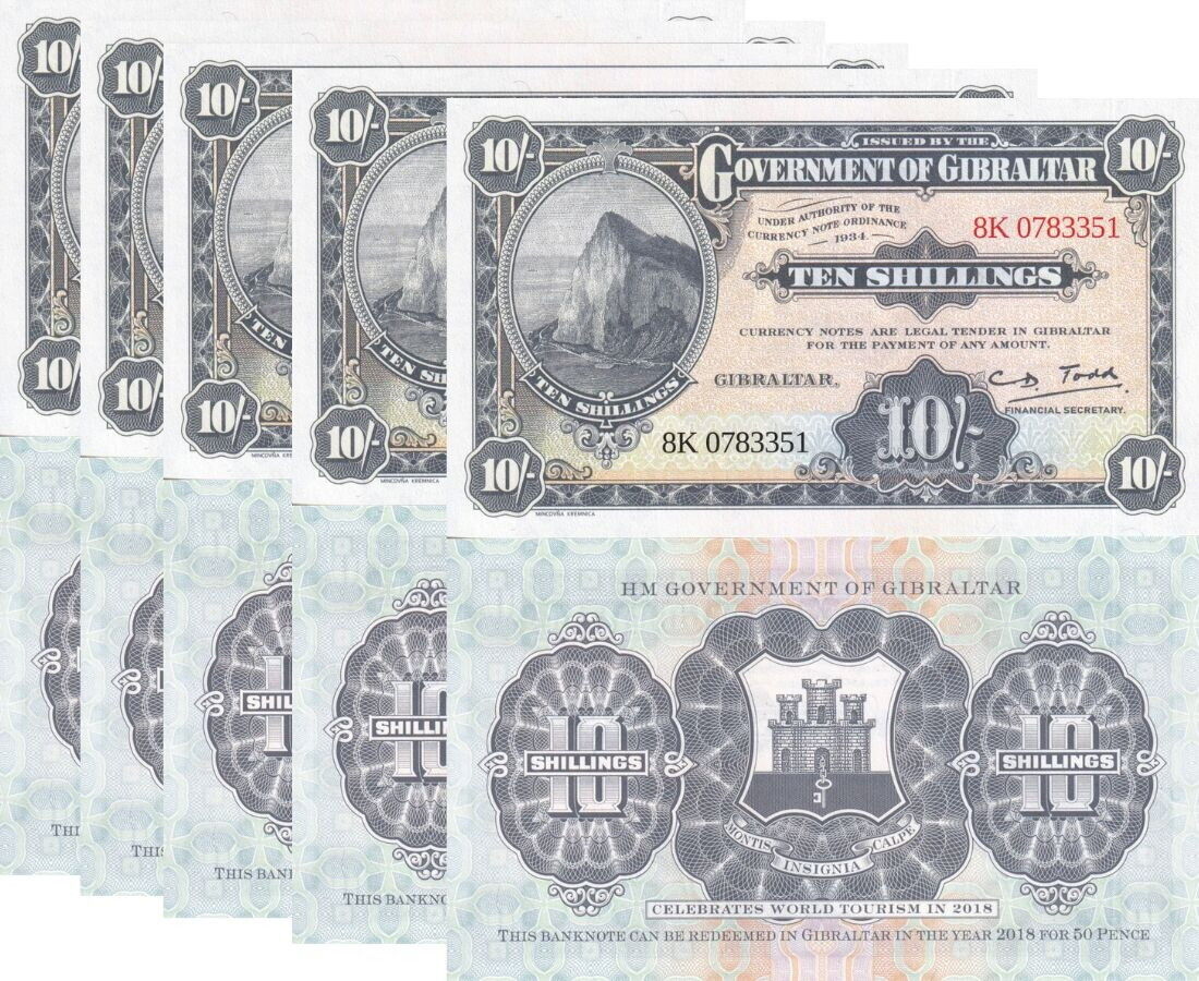 Gibraltar 10 Shillings Official Reprint 1934 for Tourism Comm. 2018 P 41 UNC LOT 5 Pcs
