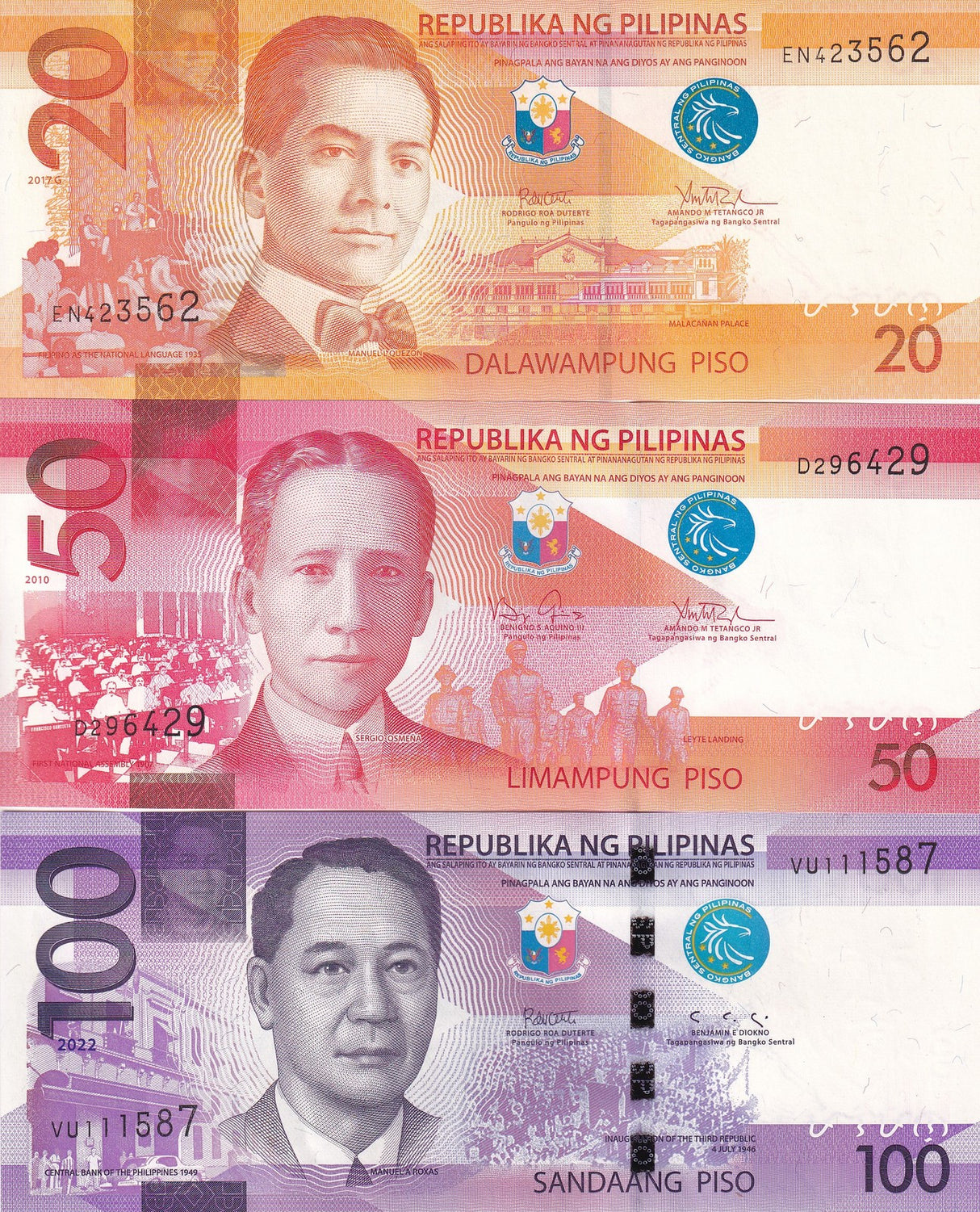 Philippines Set 3 Pcs 20 50 100 Pesos Random Year P 206 207 208