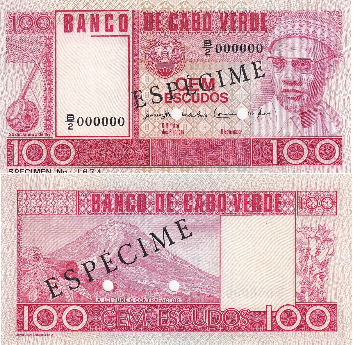 Cape Verde 100 Escudos 1977 P 54 Specimen UNC ,Mount Cano (Fogo Island)