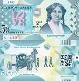 USA United State 50 Dollars 2014 Polymer 2nd Pennsylvania Louisa May Alcott