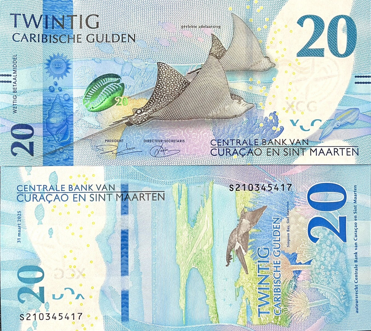 Curacao & Sint Maarten 20 Gulden 2025 P 2 NEW Spotted eagle ray UNC